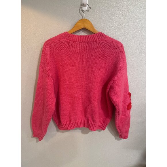 Colorful Knit Cardigan With Flower Appliques By Debut M/L Bright Pink Spring - Picture 4 of 7